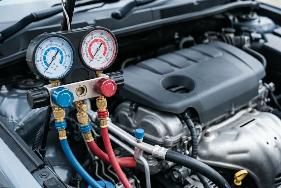 Aircoservice: manometers met blauwe en rode slang aangesloten op een motorruimte